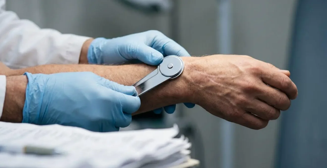 Mains d'un médecin expert examinant un poignet avec goniomètre, certificat médical flou au premier plan, lumière naturelle et environnement médical sobre