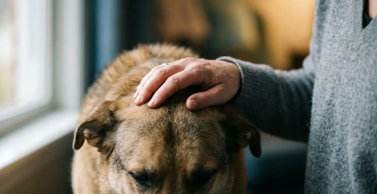 Gros plan sur une main humaine posée doucement sur la tête d'un animal, évoquant le lien émotionnel et la responsabilité du propriétaire
