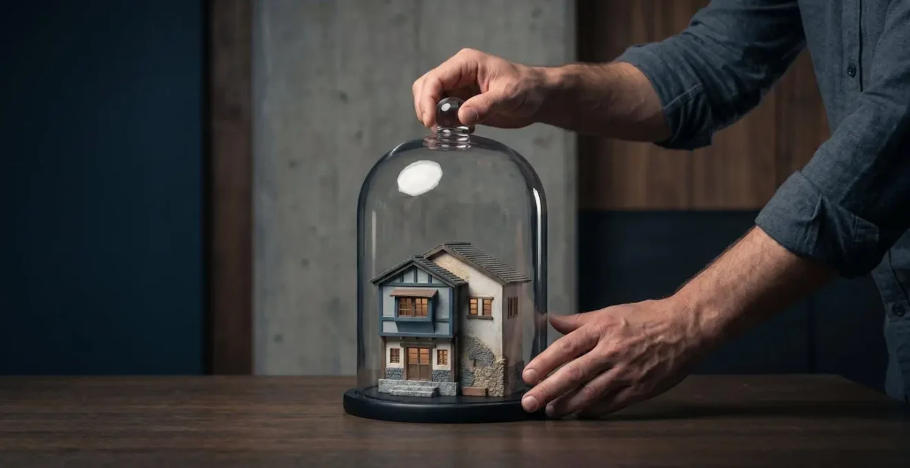 Représentation symbolique de la protection d'un bien immobilier avec éléments de sécurité