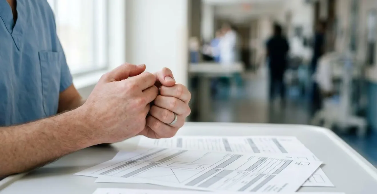 Scène évoquant une urgence médicale à l'étranger avec documents administratifs